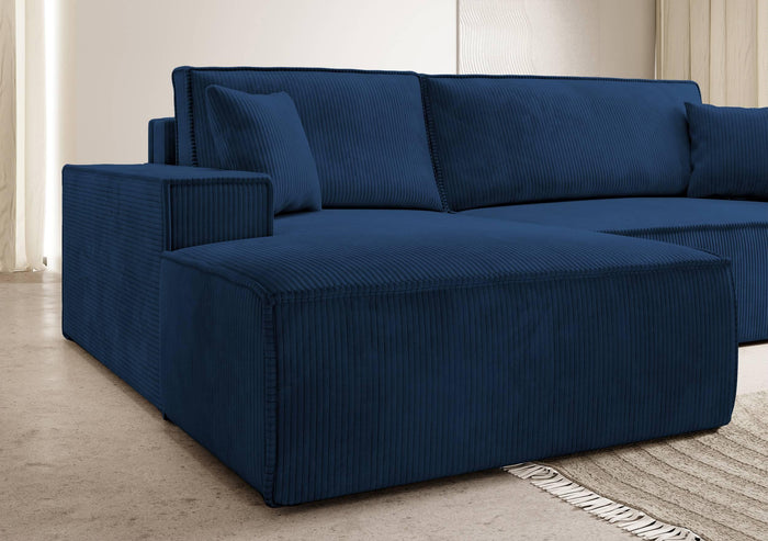NADUVI Collection Galine Hoekbank met Chaise Longue Links met Slaapfunctie - Ribstof - Donkerblauw
