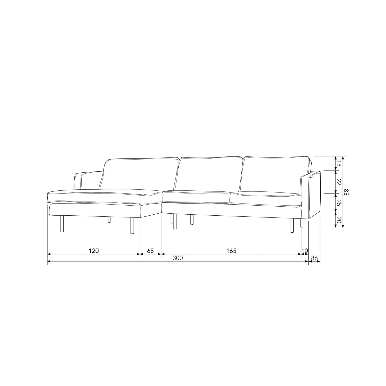 WOOOD Rodeo Chaise Longue Links - Velvet - Mountain - 85x300x155