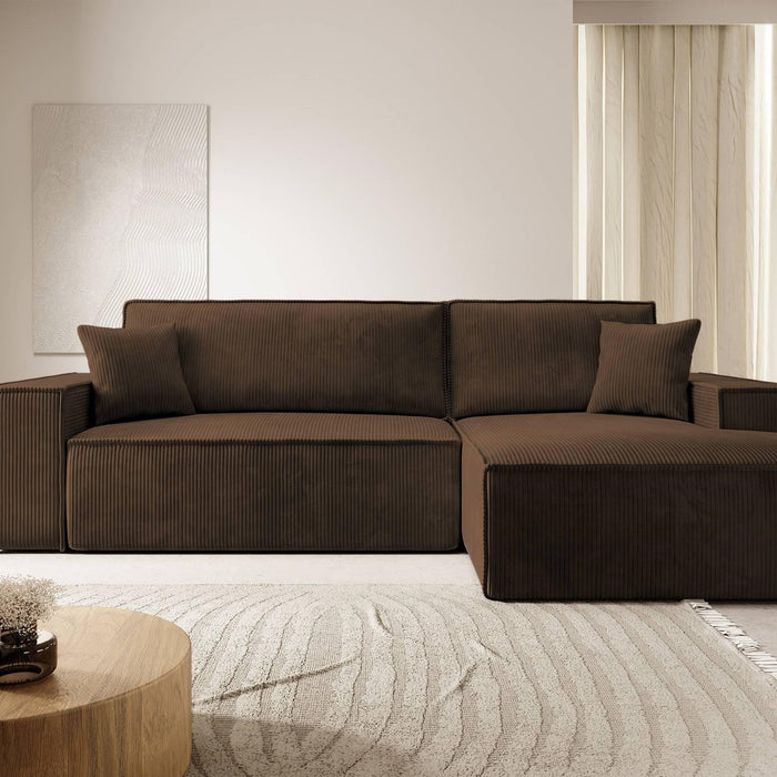NADUVI Collection Galine Hoekbank met Chaise Longue Rechts met Slaapfunctie - Ribstof - Bruin