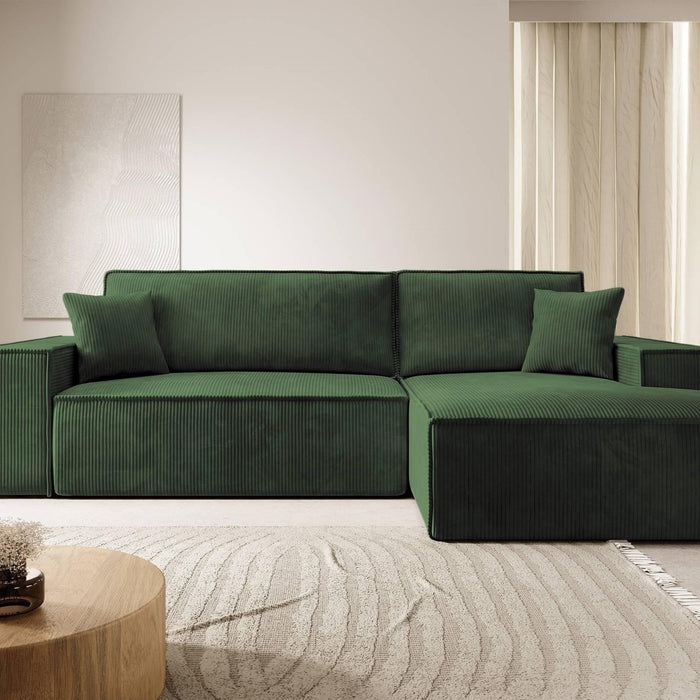 NADUVI Collection Galine Hoekbank met Chaise Longue Rechts met Slaapfunctie - Ribstof - Donkergroen