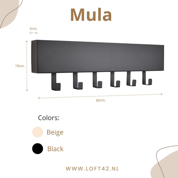 LOFT42 Mula Wandkapstok - 61x19x6 - Zwart metaal - 6 haken