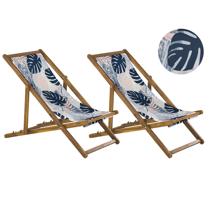 Beliani-ANZIO -Strandstoel set van 2-Lichthout|Blauw|Palm-Polyester