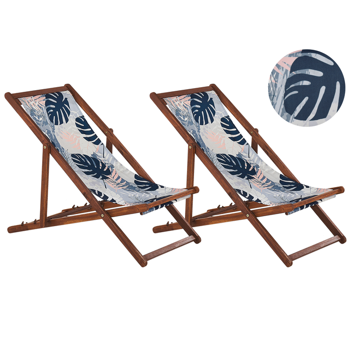 Beliani-ANZIO -Strandstoel set van 2-Donkerhout|Palm|Blauw-Polyester
