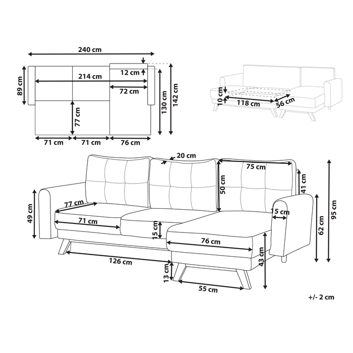 Beliani - SIRO - Slaapbank - Lichtbeige - Linkszijdig - Polyester