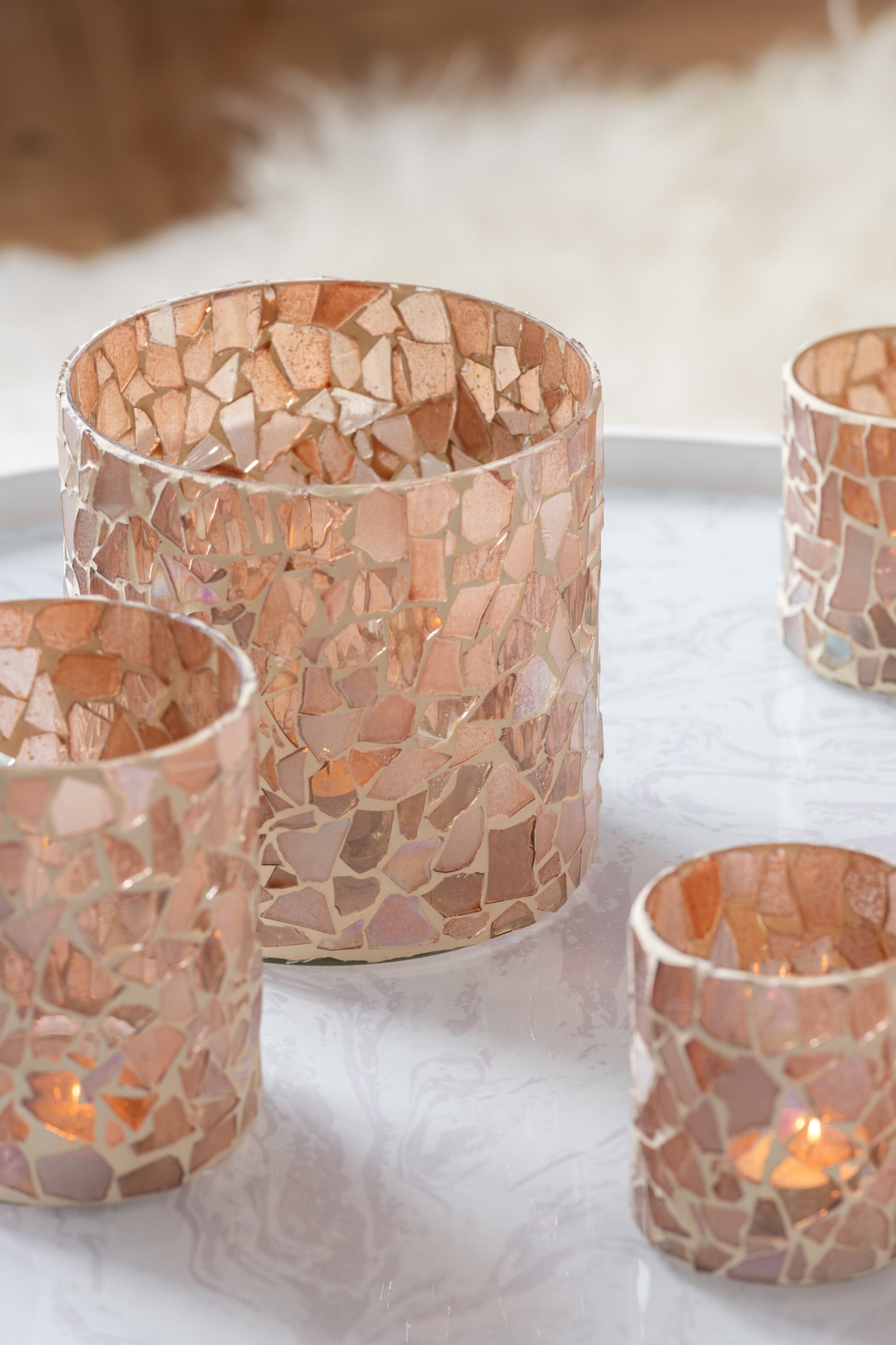 J-Line theelichthouder Mozaiek - glas - beige - small - 2 stuks