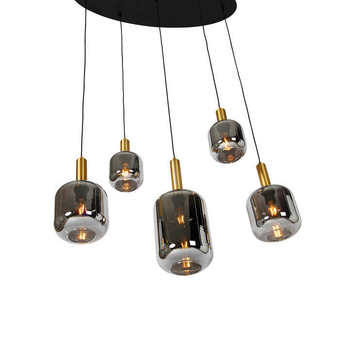 QAZQA Hanglamp zwart met goud en smoke glas ovaal 5-lichts - Zuzanna