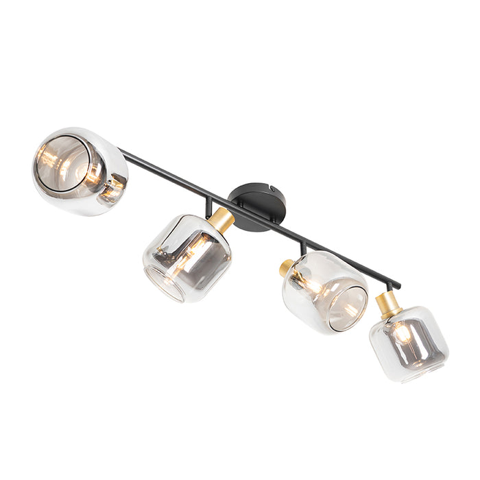 QAZQA Plafondspot zwart met goud met smoke glas 4-lichts - Zuzanna