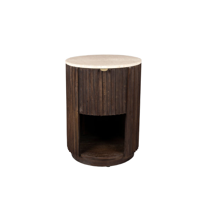 Dutchbone Marlow Bijzettafel|Nachtkastje Rond 45 cm Travertin| Hout - Bruin