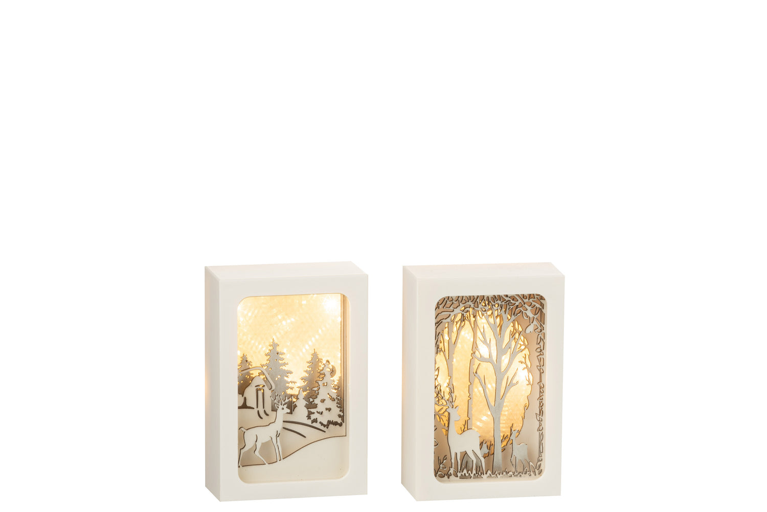 J-Line decoratie kerstdorpje - kader 3D winter - pvc|glas - zilver - 2 stuks - LED lichtjes