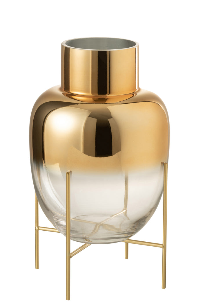 J-Line vaas Cilinder Op Voet - glas - transparant|goud - large - Ø 21 cm