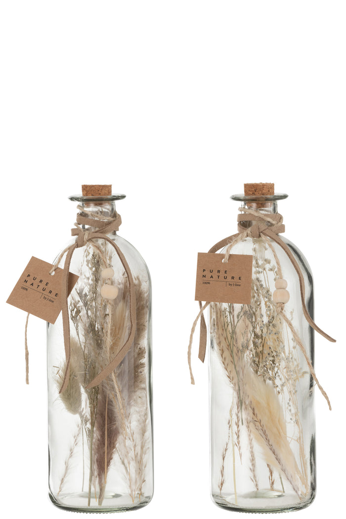 J-Line decoratie fles Gedroogde Bloemen - glas - naturel - large - 2 stuks