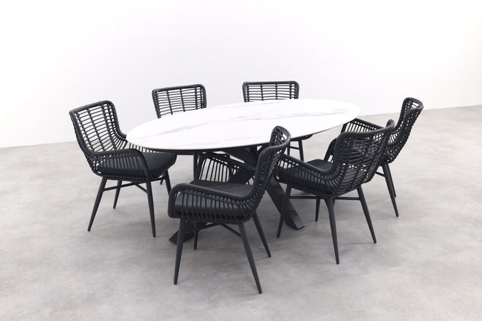 GI Ovale tuinset Scotland marmerlook wit|Jasmine stoel black–7 delig