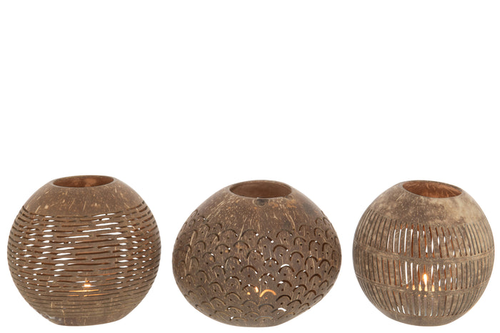 J-Line theelichthouder Kokosnoot Lijnen - jute - bruin - 3  stuks