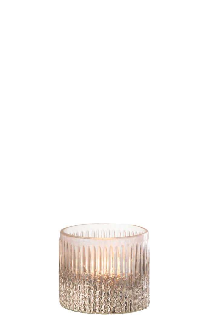 J-Line windlicht Geribbeld - glas - roze - small - 2 stuks