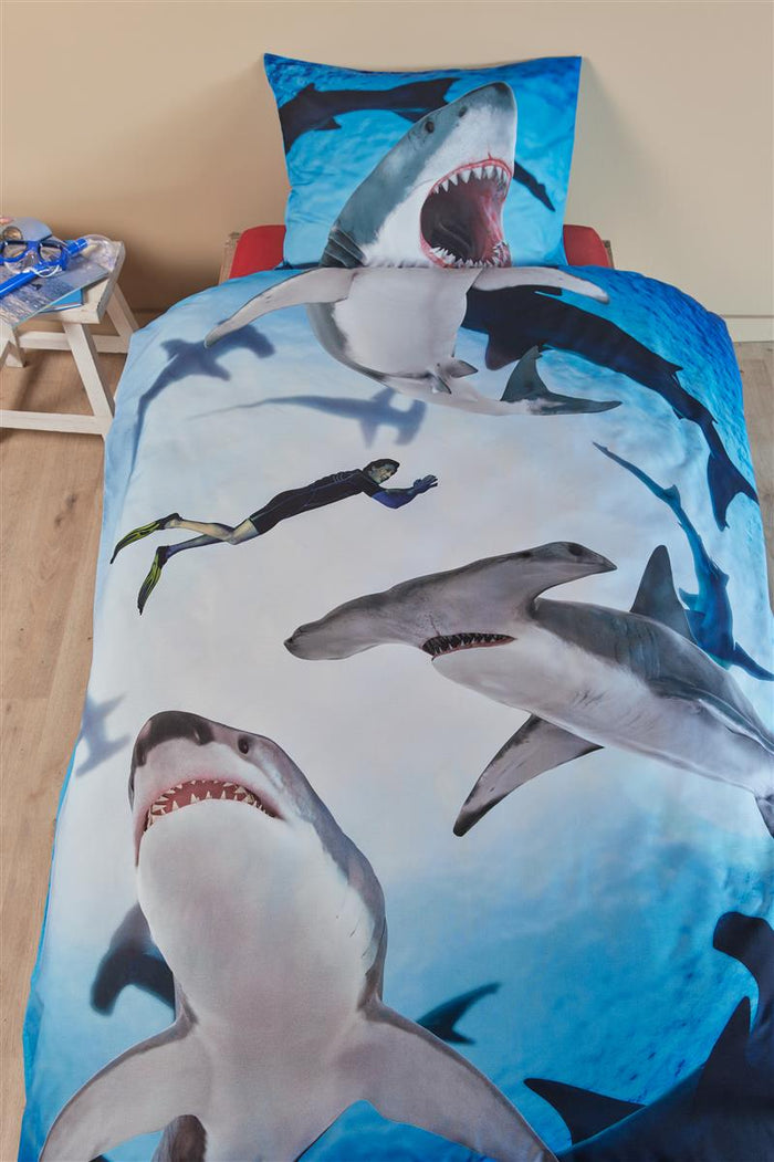 FREEK VONK Happige Haaien  dekbedovertrek - 140x200 - Blauw