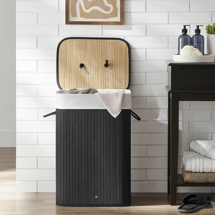 Bamboe Wasmand met Deksel, Katoenen Zak en Handvaten, 72L, Zwart