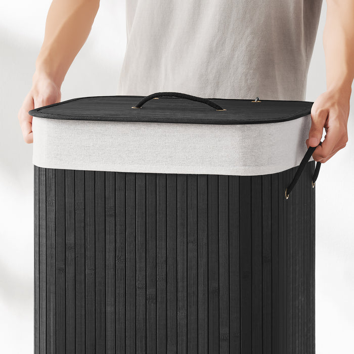 Bamboe Wasmand met Deksel, Katoenen Zak en Handvaten, 72L, Zwart