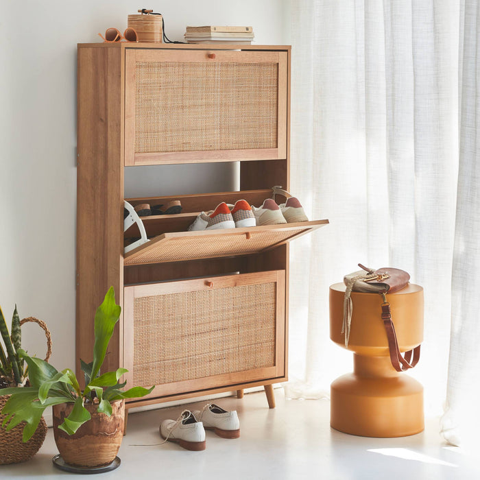 sweeek - Schoenenkast, 3 rieten lades, B 75 x D 26 x H 131cm