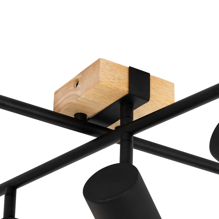 QAZQA Plafondlamp zwart met hout 5-lichts verstelbaar rechthoekig -