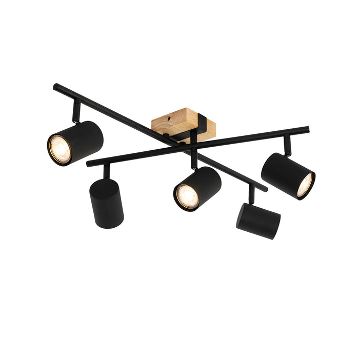 QAZQA Plafondlamp zwart met hout 5-lichts verstelbaar rechthoekig -