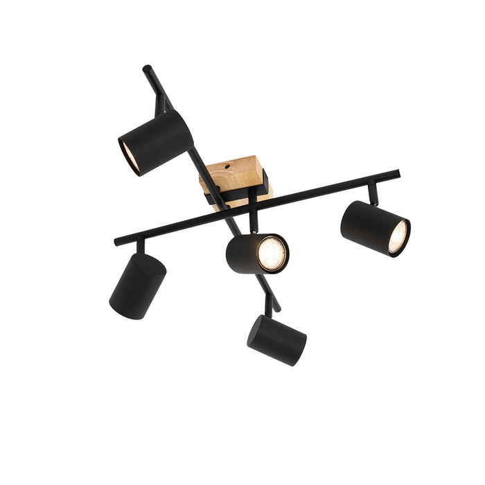 QAZQA Plafondlamp zwart met hout 5-lichts verstelbaar rechthoekig -