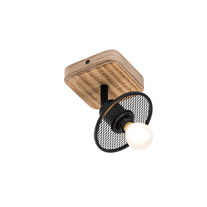 QAZQA Industriële plafondspot zwart met hout - Jasmijn