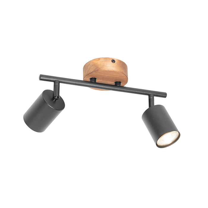 QAZQA Industriële spot zwart met hout kantelbaar 2-lichts - Jeana