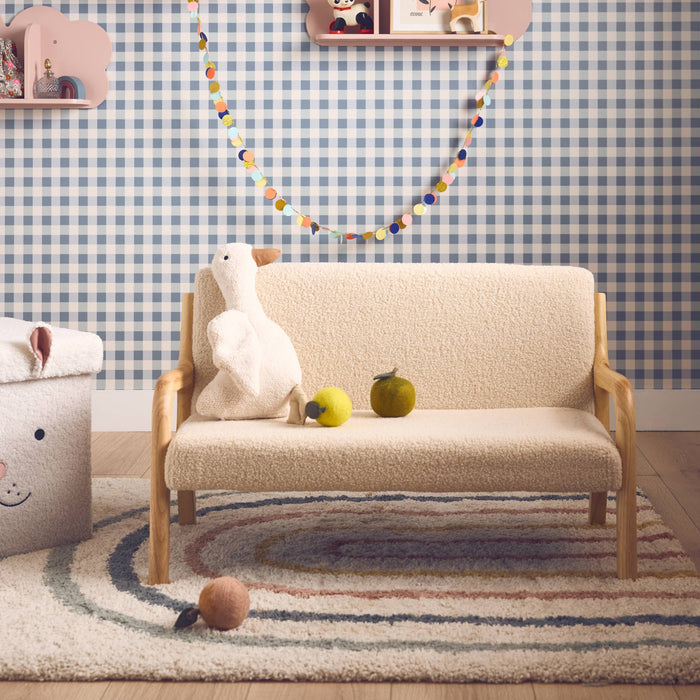 sweeek - 2-zits Scandinavische kinderbank in hout en boucléstof