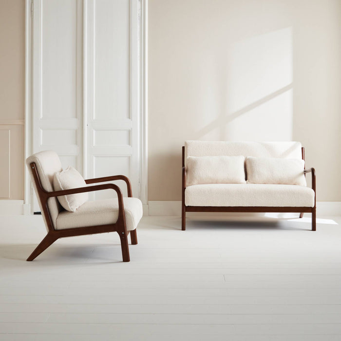 sweeek - 2-zitsbank + boucleéstoffe fauteuil van licht walnoot