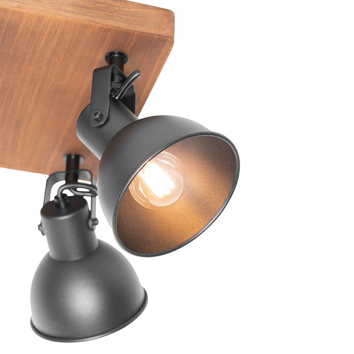 QAZQA Industriële spot zwart met hout kantelbaar 4-lichts - Tommy