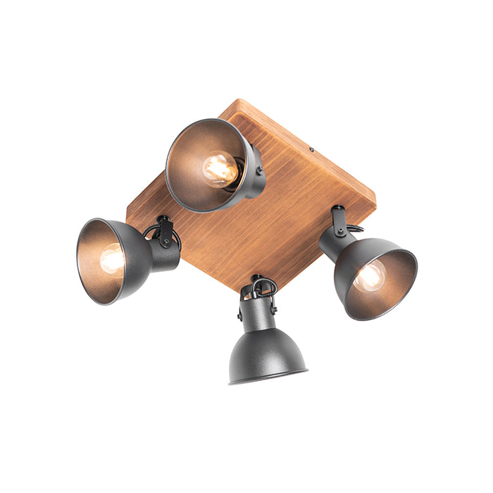 QAZQA Industriële spot zwart met hout kantelbaar 4-lichts - Tommy