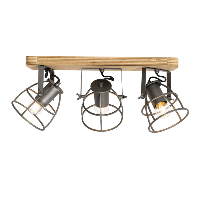 QAZQA Industriële spot donkergrijs met hout verstelbaar 3-lichts -