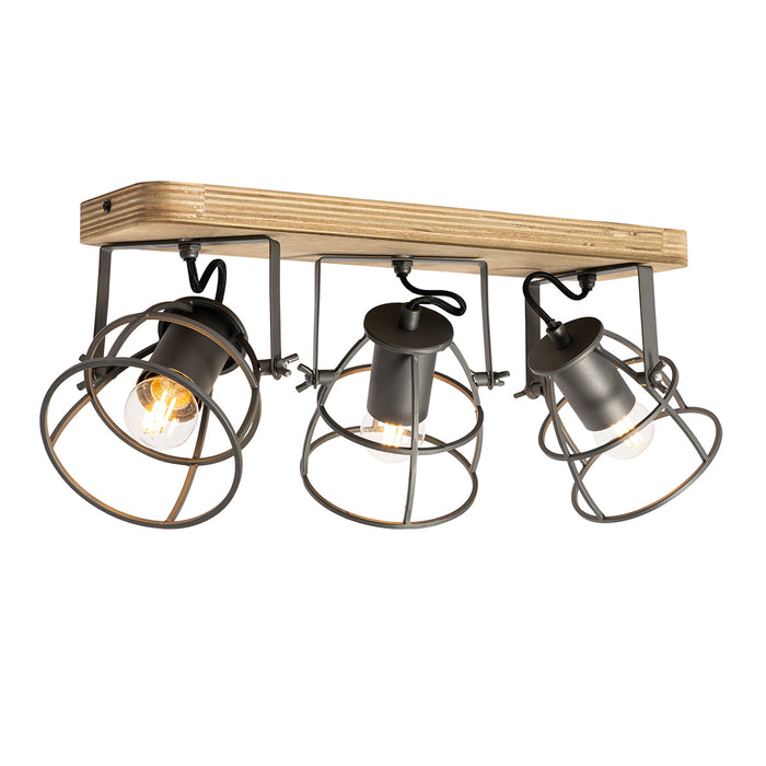 QAZQA Industriële spot donkergrijs met hout verstelbaar 3-lichts -