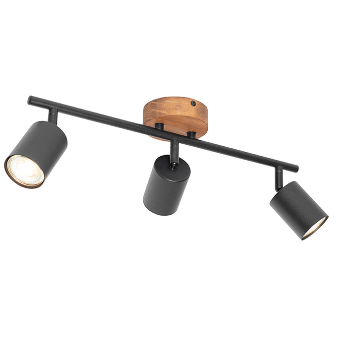 QAZQA Industriële spot zwart met hout kantelbaar 3-lichts - Jeana