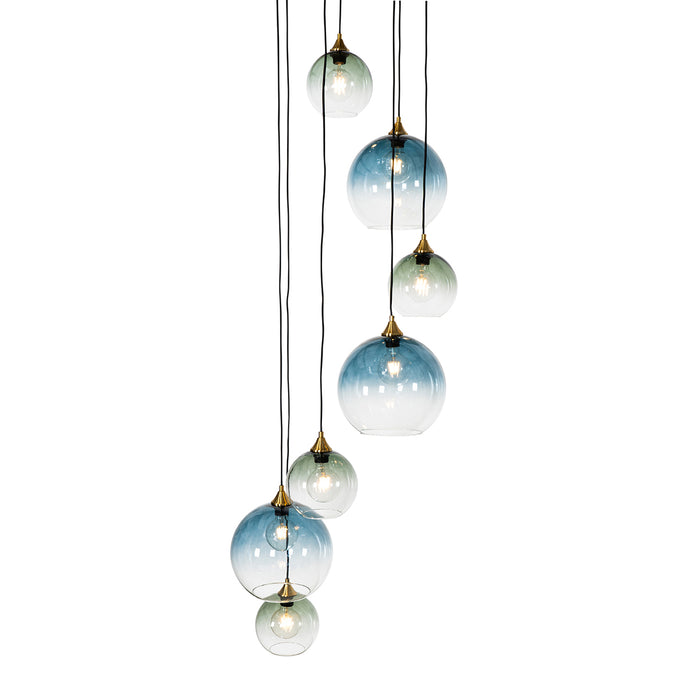 QAZQA Art Deco Hanglamp messing met blauw glas rond 7-lichts - Sandra