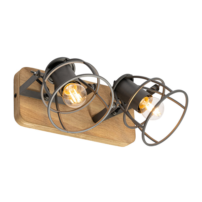 QAZQA Industriële spot donkergrijs met hout verstelbaar 2-lichts -