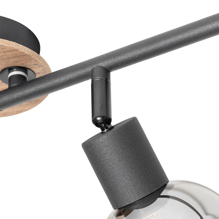 QAZQA Plafondlamp zwart met smoke glas en hout 4-lichts - Vidro