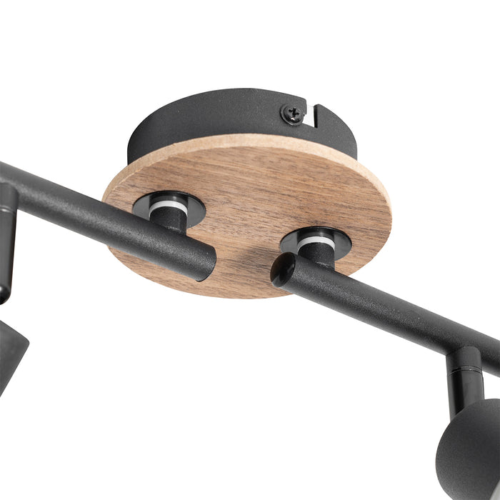 QAZQA Plafondlamp zwart met smoke glas en hout 4-lichts - Vidro