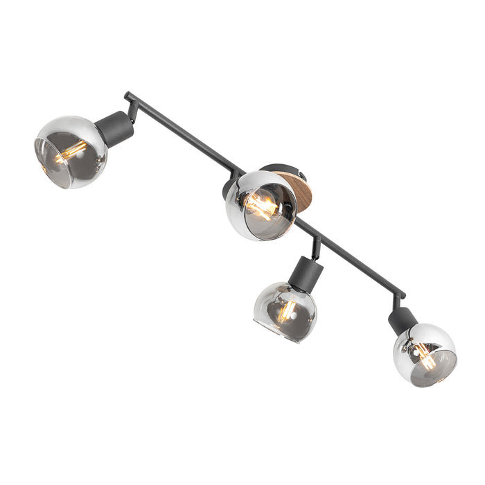 QAZQA Plafondlamp zwart met smoke glas en hout 4-lichts - Vidro