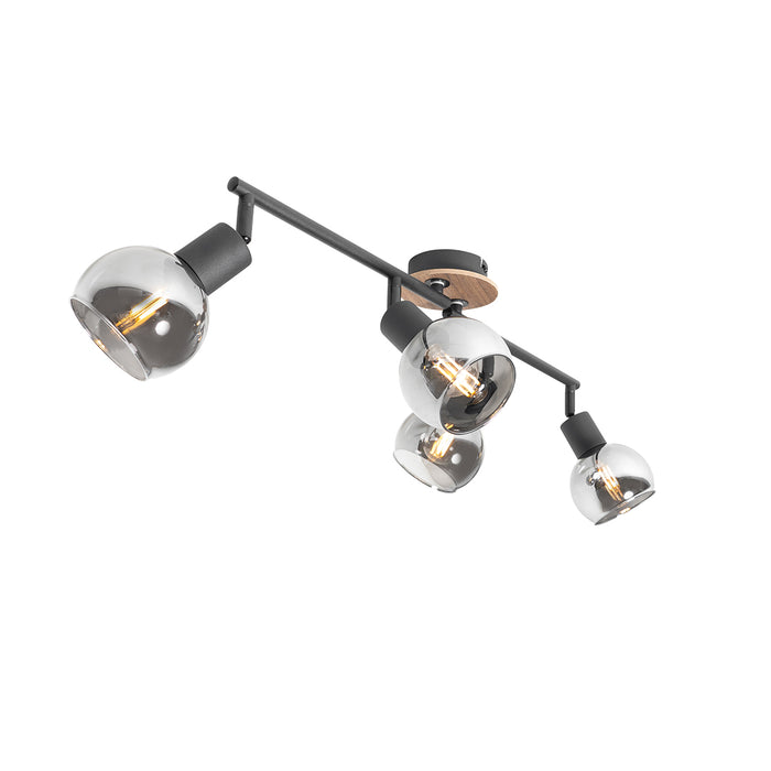 QAZQA Plafondlamp zwart met smoke glas en hout 4-lichts - Vidro