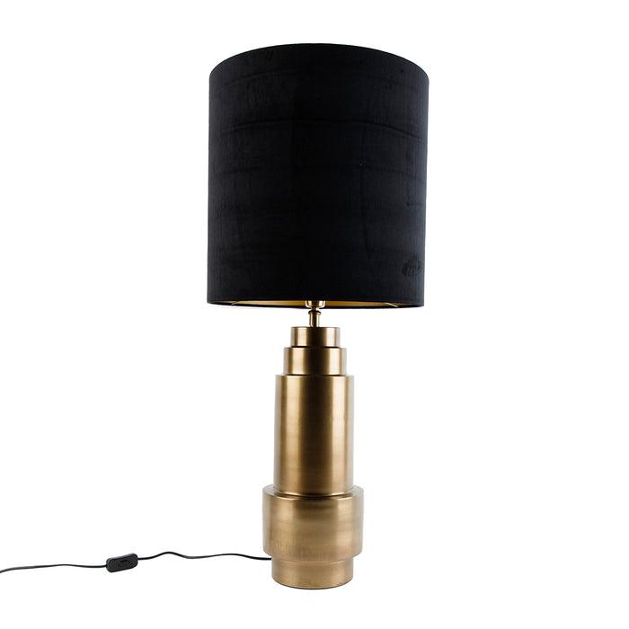 QAZQA Tafellamp brons velours kap zwart met goud 40 cm - Bruut