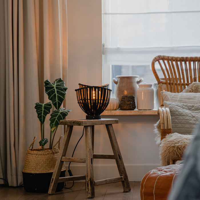 QAZQA Oosterse tafellamp zwart bamboe 25cm - Pua