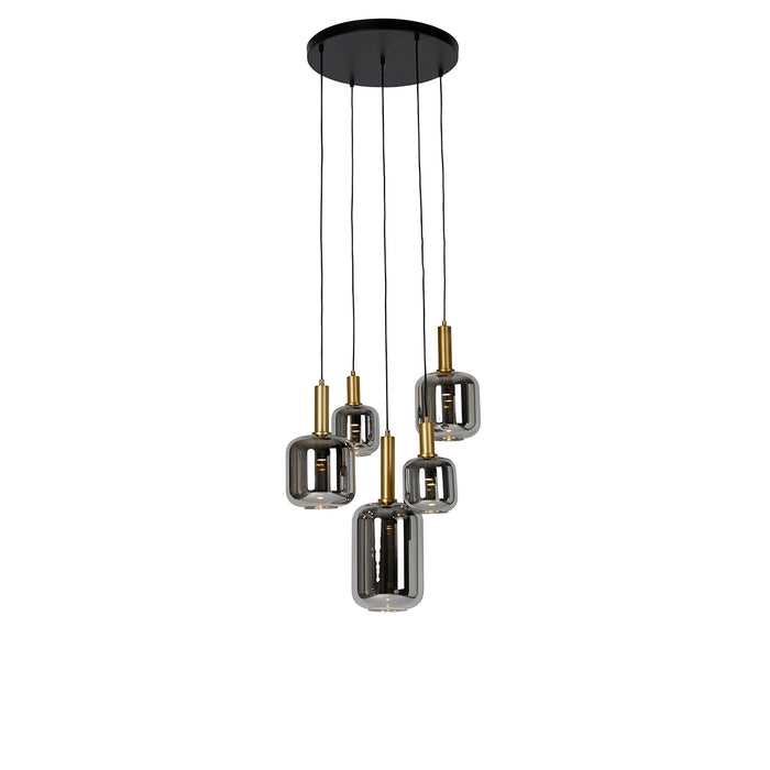 QAZQA Hanglamp zwart met goud met smoke glas incl. 5 PUCC - Zuzanna