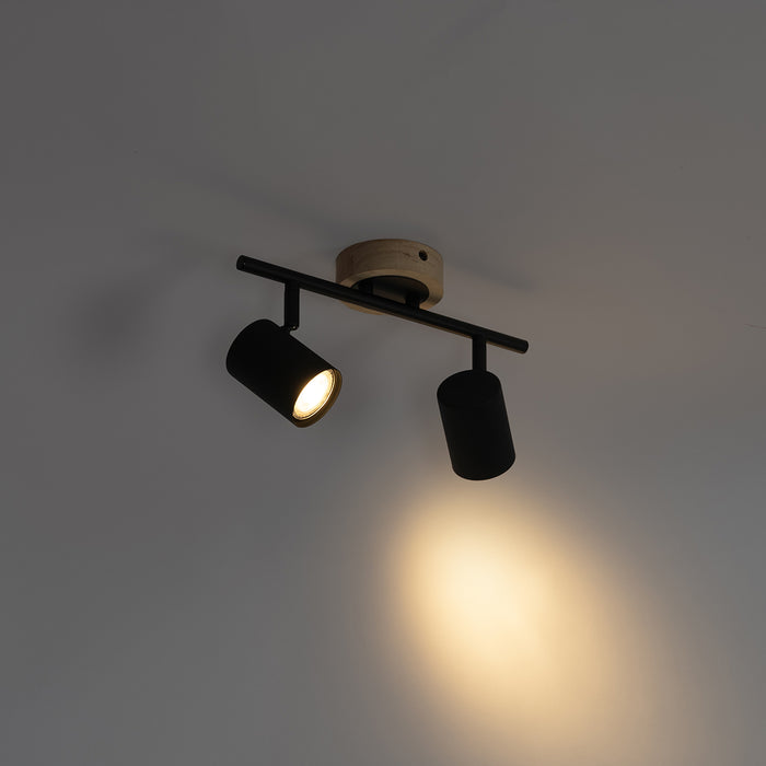 QAZQA Moderne spot zwart met hout kantelbaar 2-lichts - Jeana