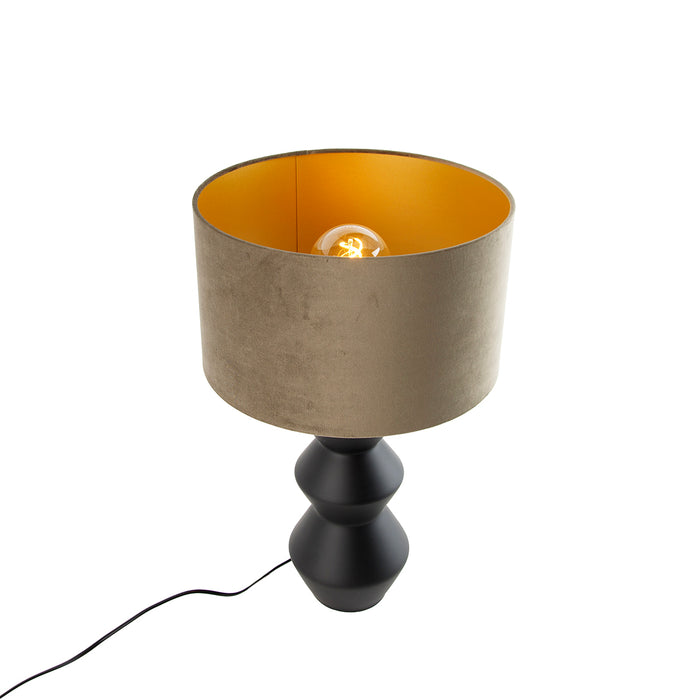 QAZQA Design tafellamp zwart 16 cm velours kap taupe met goud 35 cm -
