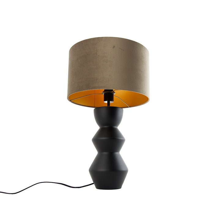 QAZQA Design tafellamp zwart 16 cm velours kap taupe met goud 35 cm -
