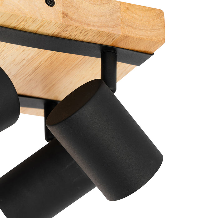 QAZQA Plafondlamp zwart met hout 4-lichts verstelbaar rechthoekig -