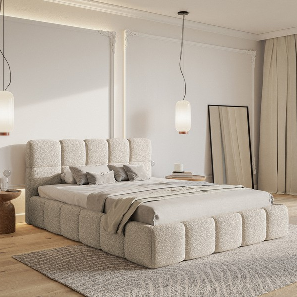 NADUVI Collection Chloe Bedframe 140 x 200 cm - met Opbergvak - Bouclé - Lichtbeige