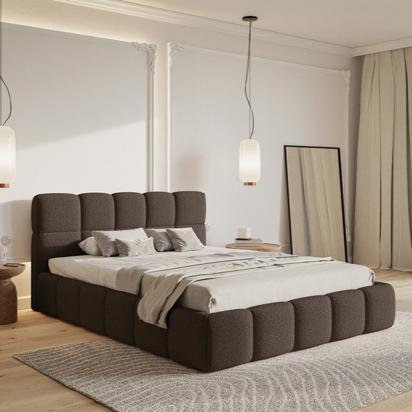 NADUVI Collection Chloe Bedframe 140 x 200 cm - met Opbergvak - Bouclé - Donkerbruin