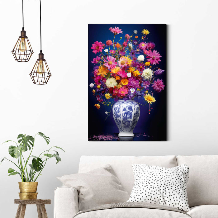 Reinders - Delft Blue Vibrant Flowers - Schilderij 90x60cm Zwart